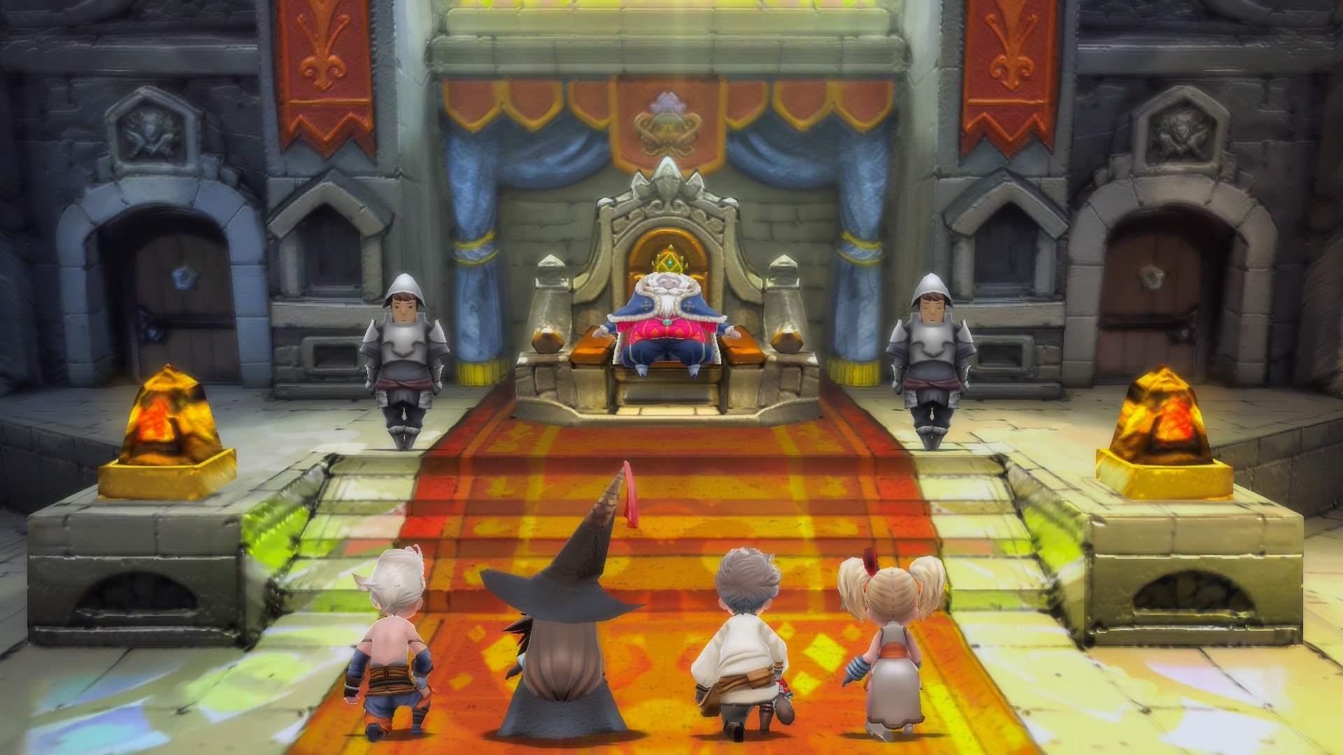 A screenshot of Bravely Default for the Nintendo Switch 2. The four protagonists are kneeling before a king.